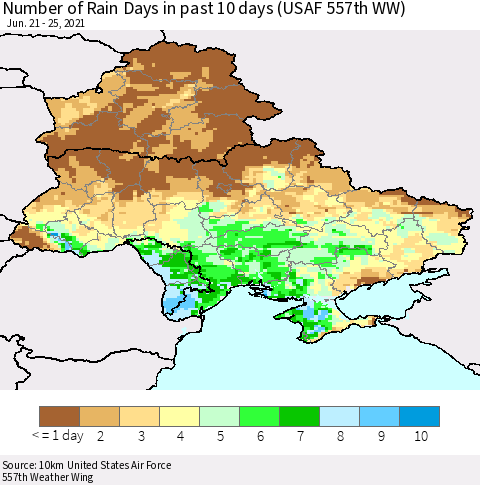 Ukraine, Moldova and Belarus Number of Rain Days in past 10 days (USAF 557th WW) Thematic Map For 6/21/2021 - 6/25/2021