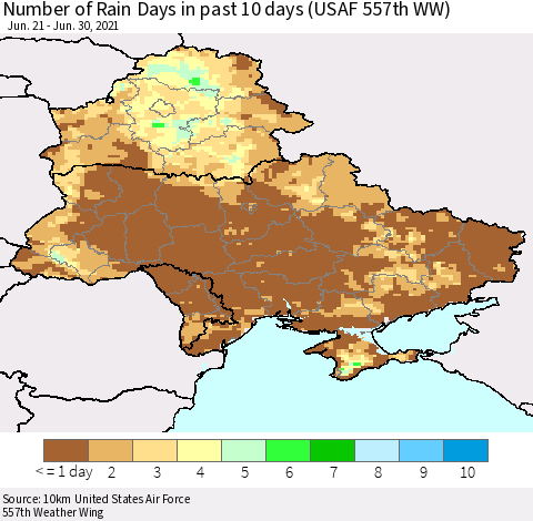 Ukraine, Moldova and Belarus Number of Rain Days in past 10 days (USAF 557th WW) Thematic Map For 6/26/2021 - 6/30/2021