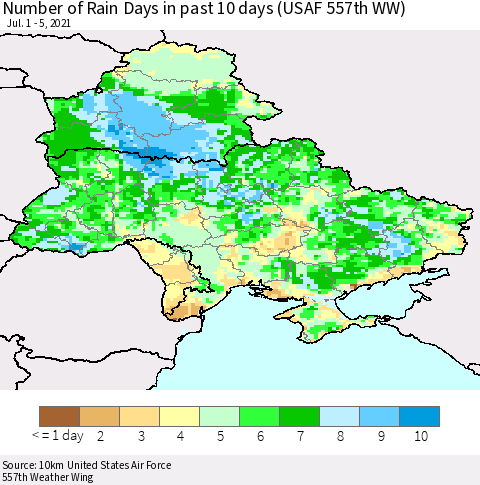 Ukraine, Moldova and Belarus Number of Rain Days in past 10 days (USAF 557th WW) Thematic Map For 7/1/2021 - 7/5/2021