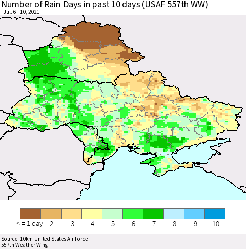 Ukraine, Moldova and Belarus Number of Rain Days in past 10 days (USAF 557th WW) Thematic Map For 7/6/2021 - 7/10/2021