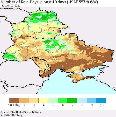 Ukraine, Moldova and Belarus Number of Rain Days in past 10 days (USAF 557th WW) Thematic Map For 7/16/2021 - 7/20/2021