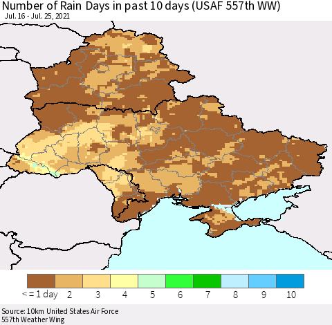Ukraine, Moldova and Belarus Number of Rain Days in past 10 days (USAF 557th WW) Thematic Map For 7/21/2021 - 7/25/2021