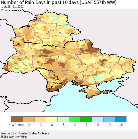 Ukraine, Moldova and Belarus Number of Rain Days in past 10 days (USAF 557th WW) Thematic Map For 7/26/2021 - 7/31/2021