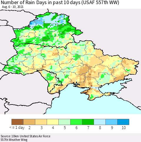 Ukraine, Moldova and Belarus Number of Rain Days in past 10 days (USAF 557th WW) Thematic Map For 8/6/2021 - 8/10/2021