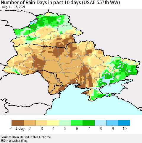 Ukraine, Moldova and Belarus Number of Rain Days in past 10 days (USAF 557th WW) Thematic Map For 8/11/2021 - 8/15/2021