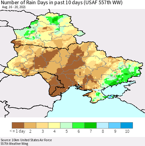 Ukraine, Moldova and Belarus Number of Rain Days in past 10 days (USAF 557th WW) Thematic Map For 8/16/2021 - 8/20/2021