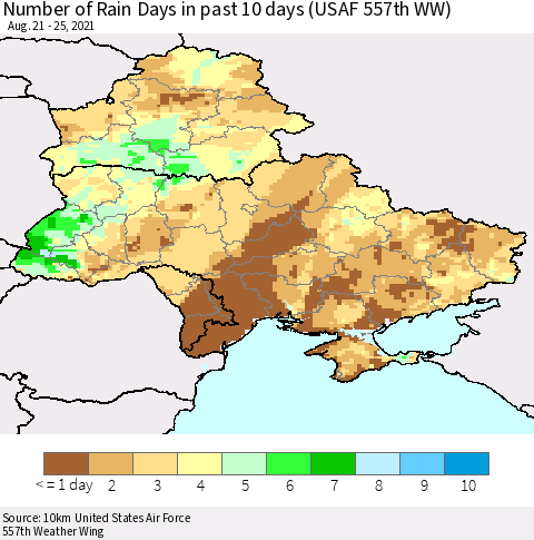 Ukraine, Moldova and Belarus Number of Rain Days in past 10 days (USAF 557th WW) Thematic Map For 8/21/2021 - 8/25/2021