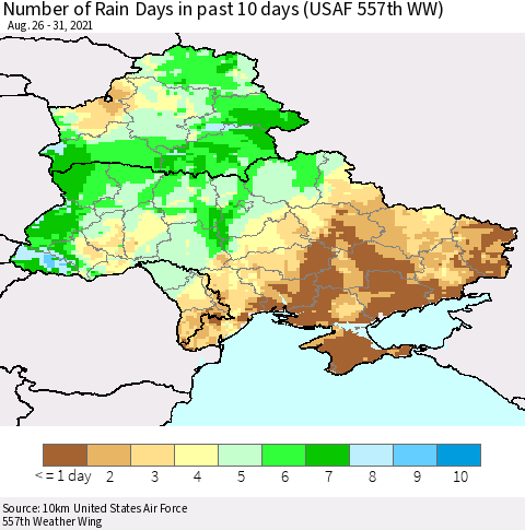 Ukraine, Moldova and Belarus Number of Rain Days in past 10 days (USAF 557th WW) Thematic Map For 8/26/2021 - 8/31/2021