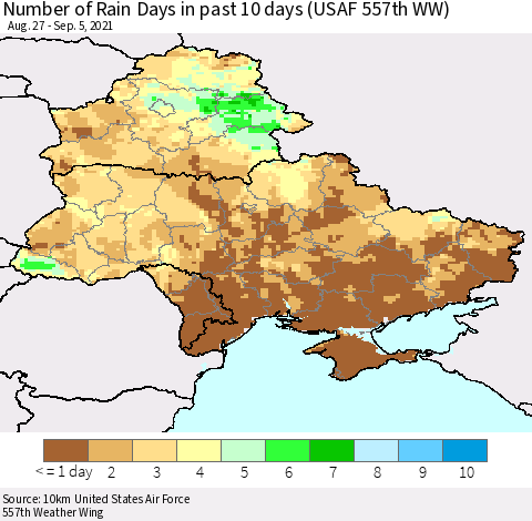 Ukraine, Moldova and Belarus Number of Rain Days in past 10 days (USAF 557th WW) Thematic Map For 9/1/2021 - 9/5/2021
