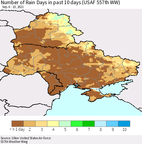 Ukraine, Moldova and Belarus Number of Rain Days in past 10 days (USAF 557th WW) Thematic Map For 9/6/2021 - 9/10/2021