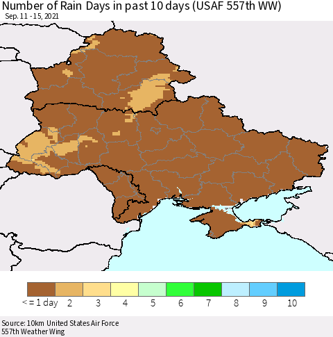 Ukraine, Moldova and Belarus Number of Rain Days in past 10 days (USAF 557th WW) Thematic Map For 9/11/2021 - 9/15/2021
