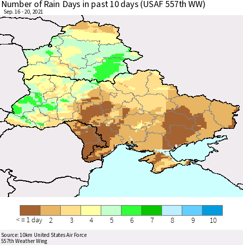 Ukraine, Moldova and Belarus Number of Rain Days in past 10 days (USAF 557th WW) Thematic Map For 9/16/2021 - 9/20/2021