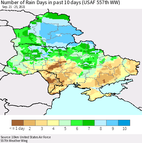 Ukraine, Moldova and Belarus Number of Rain Days in past 10 days (USAF 557th WW) Thematic Map For 9/21/2021 - 9/25/2021