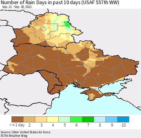 Ukraine, Moldova and Belarus Number of Rain Days in past 10 days (USAF 557th WW) Thematic Map For 9/26/2021 - 9/30/2021
