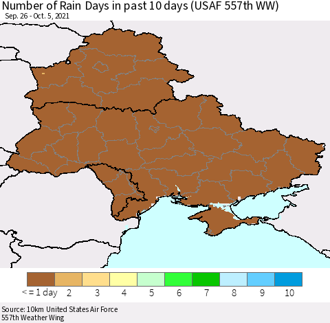 Ukraine, Moldova and Belarus Number of Rain Days in past 10 days (USAF 557th WW) Thematic Map For 10/1/2021 - 10/5/2021