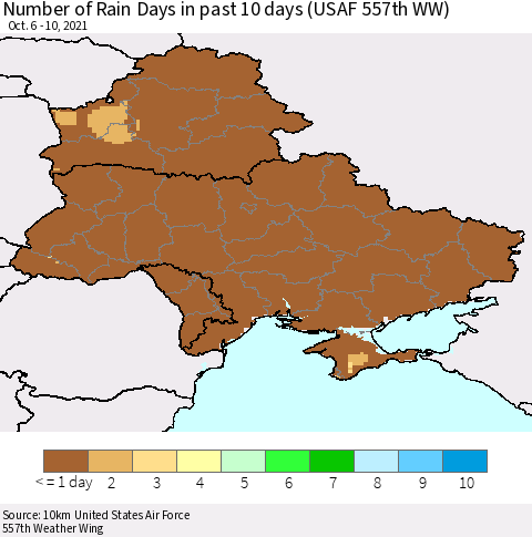 Ukraine, Moldova and Belarus Number of Rain Days in past 10 days (USAF 557th WW) Thematic Map For 10/6/2021 - 10/10/2021