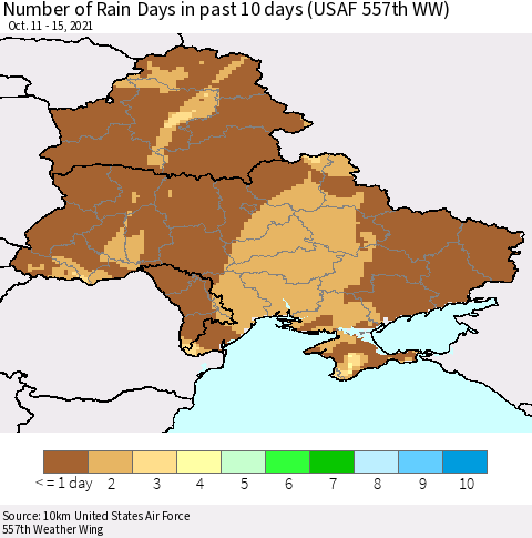 Ukraine, Moldova and Belarus Number of Rain Days in past 10 days (USAF 557th WW) Thematic Map For 10/11/2021 - 10/15/2021