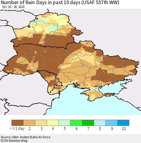 Ukraine, Moldova and Belarus Number of Rain Days in past 10 days (USAF 557th WW) Thematic Map For 10/16/2021 - 10/20/2021