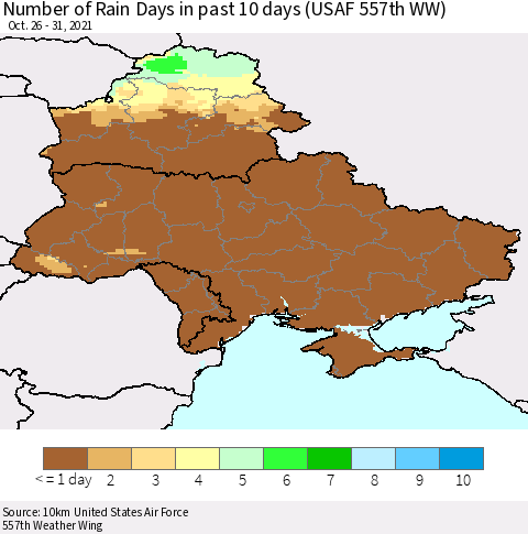 Ukraine, Moldova and Belarus Number of Rain Days in past 10 days (USAF 557th WW) Thematic Map For 10/26/2021 - 10/31/2021