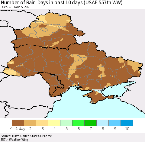 Ukraine, Moldova and Belarus Number of Rain Days in past 10 days (USAF 557th WW) Thematic Map For 11/1/2021 - 11/5/2021