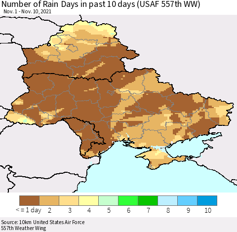 Ukraine, Moldova and Belarus Number of Rain Days in past 10 days (USAF 557th WW) Thematic Map For 11/6/2021 - 11/10/2021