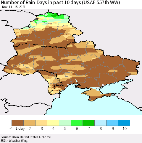 Ukraine, Moldova and Belarus Number of Rain Days in past 10 days (USAF 557th WW) Thematic Map For 11/11/2021 - 11/15/2021