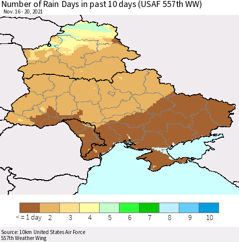 Ukraine, Moldova and Belarus Number of Rain Days in past 10 days (USAF 557th WW) Thematic Map For 11/16/2021 - 11/20/2021