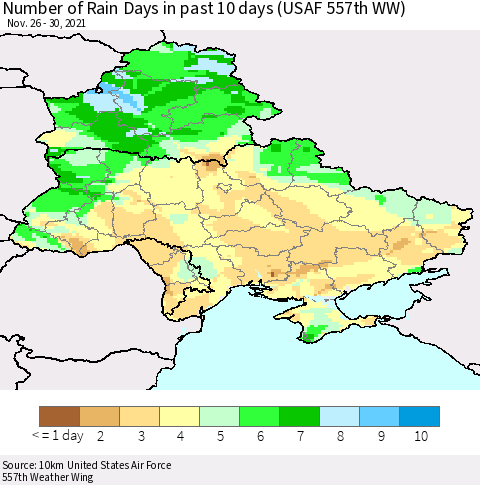 Ukraine, Moldova and Belarus Number of Rain Days in past 10 days (USAF 557th WW) Thematic Map For 11/26/2021 - 11/30/2021