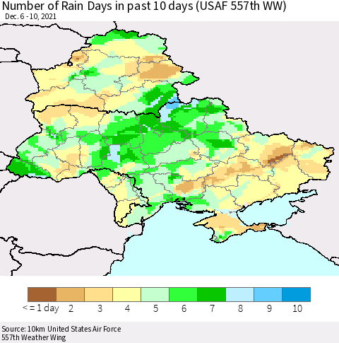 Ukraine, Moldova and Belarus Number of Rain Days in past 10 days (USAF 557th WW) Thematic Map For 12/6/2021 - 12/10/2021