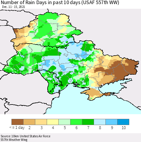 Ukraine, Moldova and Belarus Number of Rain Days in past 10 days (USAF 557th WW) Thematic Map For 12/11/2021 - 12/15/2021
