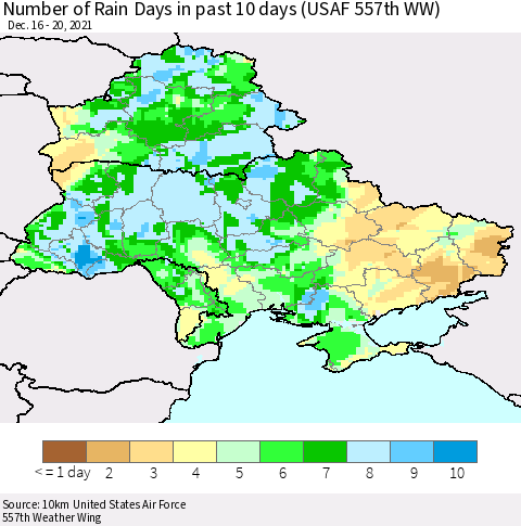 Ukraine, Moldova and Belarus Number of Rain Days in past 10 days (USAF 557th WW) Thematic Map For 12/16/2021 - 12/20/2021