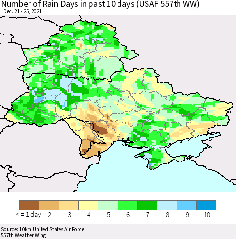 Ukraine, Moldova and Belarus Number of Rain Days in past 10 days (USAF 557th WW) Thematic Map For 12/21/2021 - 12/25/2021