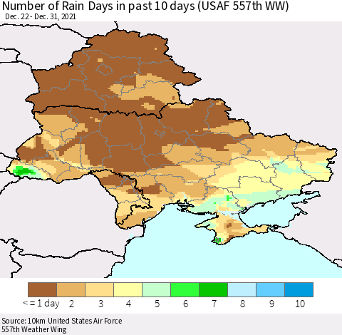 Ukraine, Moldova and Belarus Number of Rain Days in past 10 days (USAF 557th WW) Thematic Map For 12/26/2021 - 12/31/2021