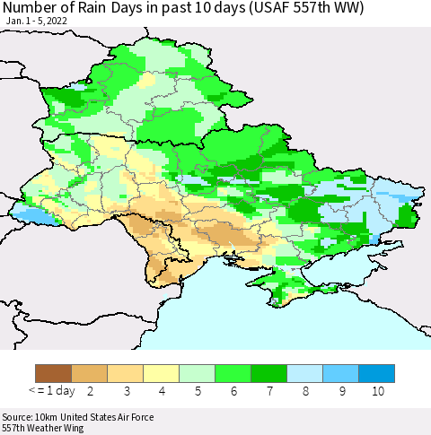 Ukraine, Moldova and Belarus Number of Rain Days in past 10 days (USAF 557th WW) Thematic Map For 1/1/2022 - 1/5/2022