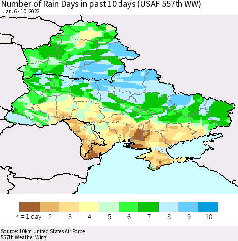 Ukraine, Moldova and Belarus Number of Rain Days in past 10 days (USAF 557th WW) Thematic Map For 1/6/2022 - 1/10/2022