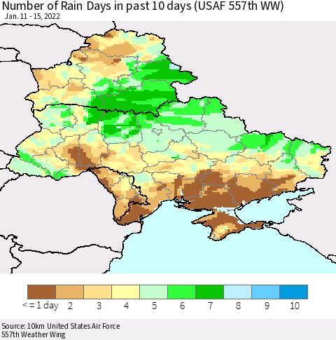 Ukraine, Moldova and Belarus Number of Rain Days in past 10 days (USAF 557th WW) Thematic Map For 1/11/2022 - 1/15/2022