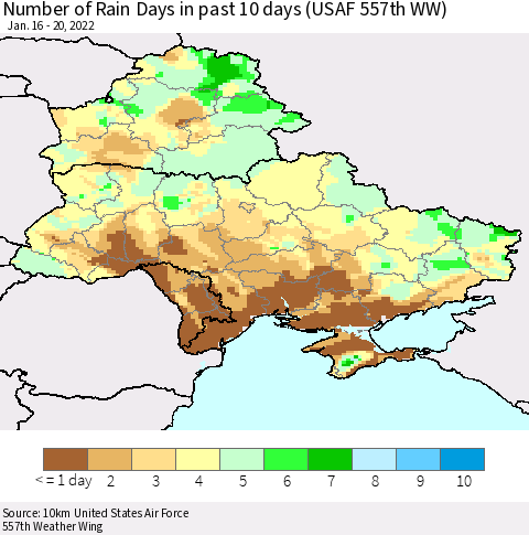 Ukraine, Moldova and Belarus Number of Rain Days in past 10 days (USAF 557th WW) Thematic Map For 1/16/2022 - 1/20/2022