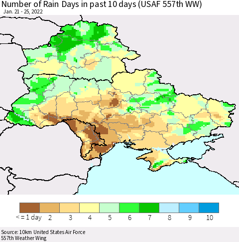 Ukraine, Moldova and Belarus Number of Rain Days in past 10 days (USAF 557th WW) Thematic Map For 1/21/2022 - 1/25/2022