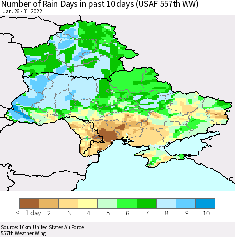 Ukraine, Moldova and Belarus Number of Rain Days in past 10 days (USAF 557th WW) Thematic Map For 1/26/2022 - 1/31/2022
