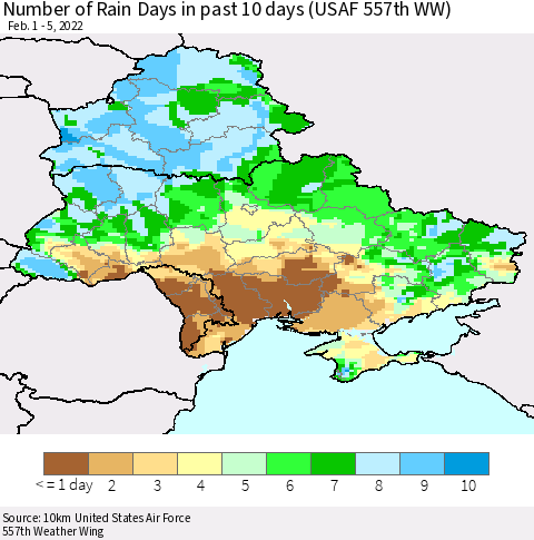 Ukraine, Moldova and Belarus Number of Rain Days in past 10 days (USAF 557th WW) Thematic Map For 2/1/2022 - 2/5/2022