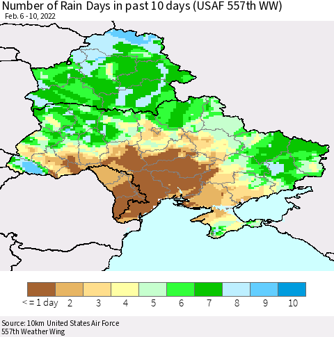 Ukraine, Moldova and Belarus Number of Rain Days in past 10 days (USAF 557th WW) Thematic Map For 2/6/2022 - 2/10/2022