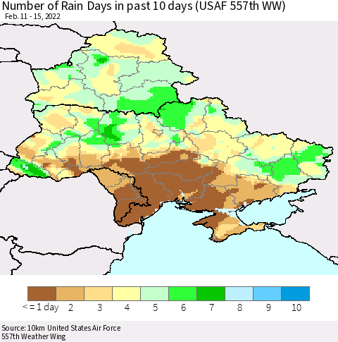 Ukraine, Moldova and Belarus Number of Rain Days in past 10 days (USAF 557th WW) Thematic Map For 2/11/2022 - 2/15/2022
