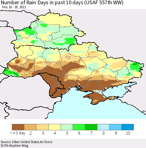 Ukraine, Moldova and Belarus Number of Rain Days in past 10 days (USAF 557th WW) Thematic Map For 2/16/2022 - 2/20/2022