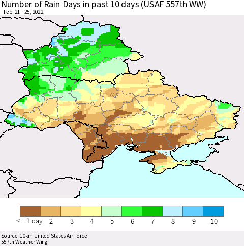 Ukraine, Moldova and Belarus Number of Rain Days in past 10 days (USAF 557th WW) Thematic Map For 2/21/2022 - 2/25/2022
