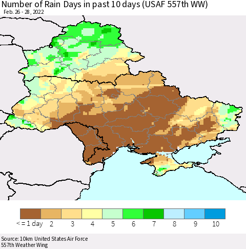 Ukraine, Moldova and Belarus Number of Rain Days in past 10 days (USAF 557th WW) Thematic Map For 2/26/2022 - 2/28/2022