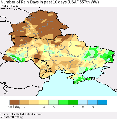 Ukraine, Moldova and Belarus Number of Rain Days in past 10 days (USAF 557th WW) Thematic Map For 3/1/2022 - 3/5/2022