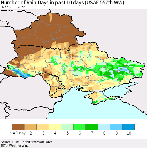 Ukraine, Moldova and Belarus Number of Rain Days in past 10 days (USAF 557th WW) Thematic Map For 3/6/2022 - 3/10/2022
