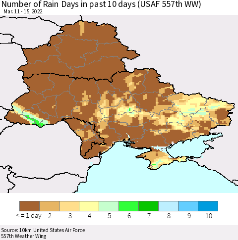 Ukraine, Moldova and Belarus Number of Rain Days in past 10 days (USAF 557th WW) Thematic Map For 3/11/2022 - 3/15/2022