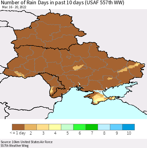 Ukraine, Moldova and Belarus Number of Rain Days in past 10 days (USAF 557th WW) Thematic Map For 3/16/2022 - 3/20/2022