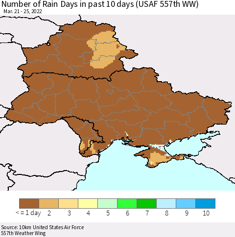 Ukraine, Moldova and Belarus Number of Rain Days in past 10 days (USAF 557th WW) Thematic Map For 3/21/2022 - 3/25/2022